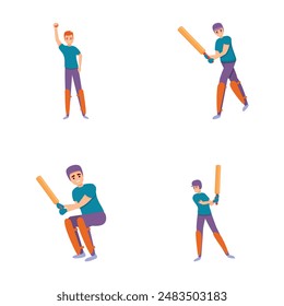 Cricket player icons set cartoon vector. Cricketer man with bat and bowler. Sport, physical activity