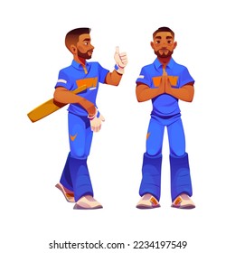 Jugador de críquet, bateador indio muestra el gesto de pulgar arriba y el apodo. Hombre con uniforme deportivo, deportista profesional con bate de cricket de la India aislado de fondo blanco, ilustración de caricatura vectorial