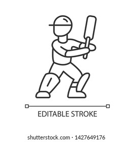 Cricket player linear icon. Batsman ready to fight off pitch. Cricketer in uniform, leg pads with bat. Thin line illustration. Contour symbol. Vector isolated outline drawing. Editable stroke