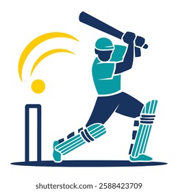 Cricket player logo design vector illustration featuring a stylized batsman in action, swinging the bat dynamically. Perfect for team logos, sports branding, and tournament graphics.