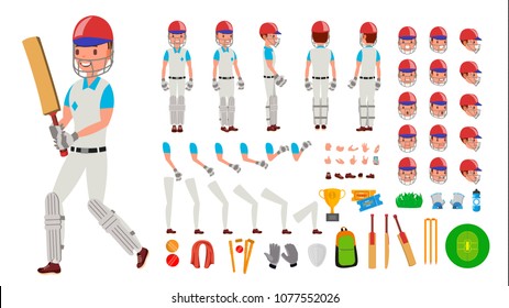 Cricket Player Male Vector. Sport Cricket Player Man. Cricketer Animated Character Creation Set. Full Length, Front, Side, Back View, Accessories, Poses, Emotions, Gestures. Isolated Flat Illustration