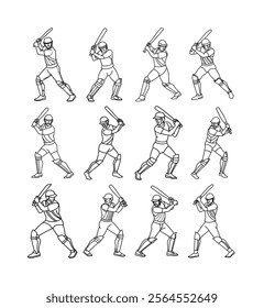 Cricket Player Outline Line Art Vector.