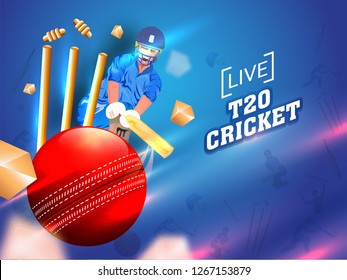 Cricket player in playing action with close view of ball and wicket stumps on glossy blue background. T20 Cricket poster or banner design.