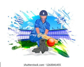 Cricket player in playing action on daylight stadium background. Poster or banner design.