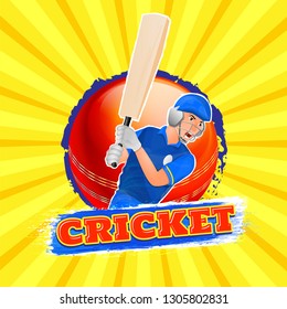 Cricket player in playing action on yellow rays background for cricket tournament template design.