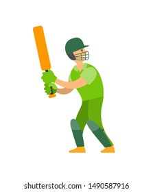 Cricket player in protective helmet with bat in hands ready to hit ball. Vector, person playing competitive English kind of sports, character in gloves