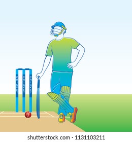 cricket player ready for batting, stump and ball