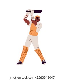 Cricket player in safety helmet, protective gear plays game. Professional sportsman takes swing to hit, bounce ball with bat. Sports competition. Flat isolated vector illustration on white background