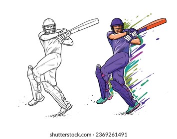 cricket player shooting ball line art and vector illustration