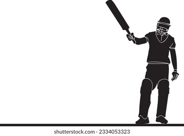 Cricket Player Silhouette Batting Celebration after Victory, Victorious Cricket Batsman Outline Illustration with Bat, Celebrating Team Win, Outline Art of Cricket Batsman