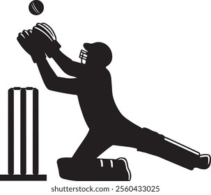 Cricket player silhouette icon, Wicket Keeper catching ball action vector art illustration style on white background.