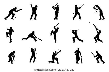 Cricket player silhouette, men's cricket batsman and male cricket player silhouette on white background. svg