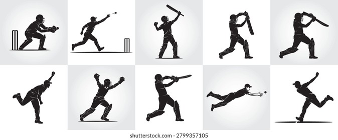 Cricket Player Silhouette Set, 10 Dynamic Cricket Action Poses Isolated on White Background