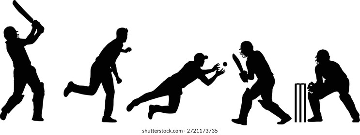Cricket-Spieler Silhouette Vektorsatz, schwarze Action-Posen, Sport-Thema, dynamische Haltung, athletische Illustration, Team Rollen, Spielkonzept, Feld-und Schlaggrafik