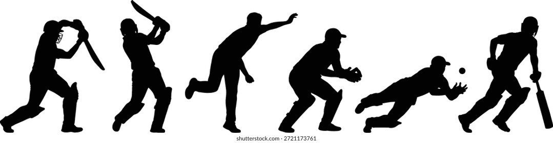 Cricket player silhouette vector set, black action poses, sports theme, dynamic stances, athletic illustration, fielding and batting graphics