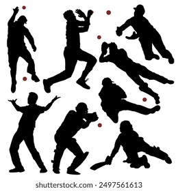 Cricket Player Silhouettes, Batsmen, Bowlers, and cricket Elements. Cricket catching Silhouettes. Silhouettes of fielding celebrating. Catching celebration. Cricket bowl throwing. vector set