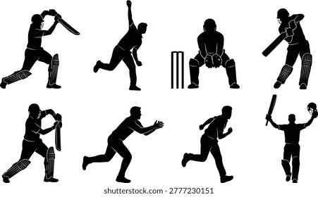 Cricket player silhouettes, batting bowling fielding catching running winning poses, professional sports athletes icons, team game match action, isolated graphics.