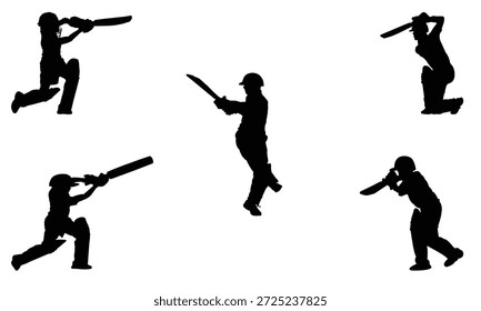Siluetas de jugador de cricket en acción dinámica, ilustración deportiva de Vector.