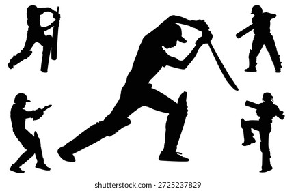 Cricket player silhouettes in dynamic action, vector sports illustration.