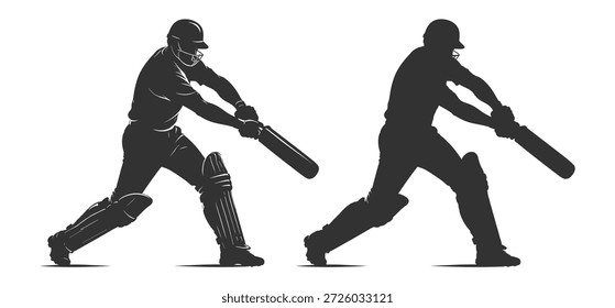 Conjunto de siluetas de jugador de cricket, bateador golpeando la bola en pose de acción, colección de Ilustración vectorial deportiva sobre fondo transparente