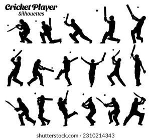 Cricket player silhouettes vector illustration set.