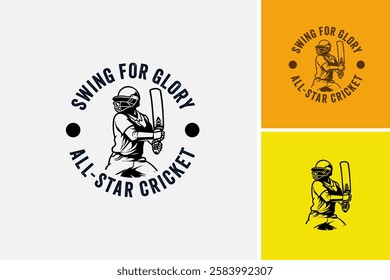 Cricket player swinging a bat in a circle with swing for glory allstar cricket logo design. Perfect for cricket event promotions. EPS layered vector