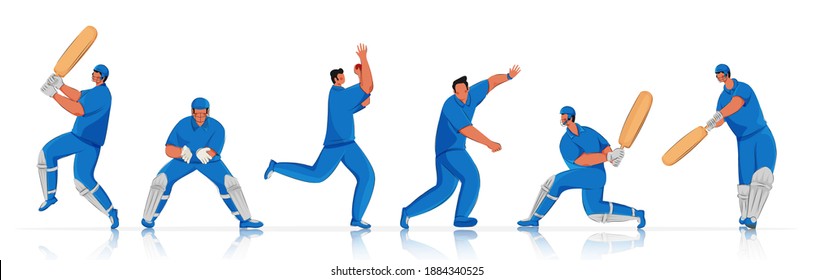 Cricket Player Team in Different Action Poses.