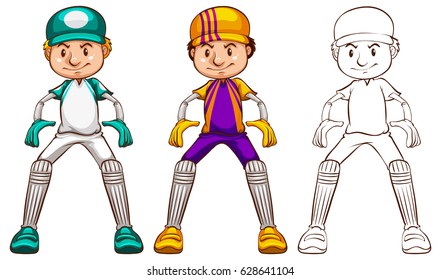 Cricket player in three different drawing styles illustration