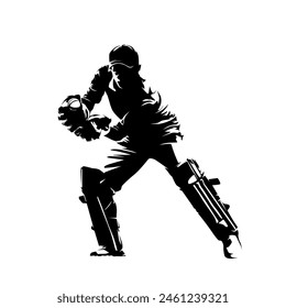 Cricket player, wicket-keeper catching ball, isolated vector silhouette