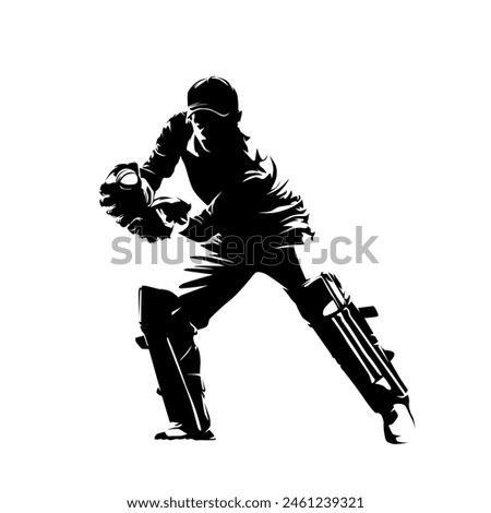 Cricket player, wicket-keeper catching ball, isolated vector silhouette
