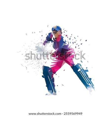 Cricket player, wicket-keeper catching ball, isolated low poly vector ilustration