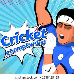 Cricket player in winning pose with abstract background for Cricket Championship Flyer or poster.