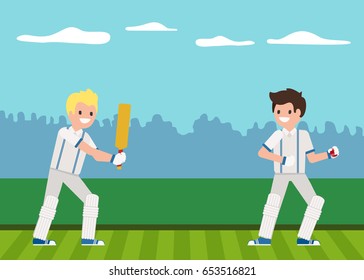 Cricket players. Batsman and bowler playing outdoor. Couple of fully equipped and smiling sportsmen on the stadium field. Flat design. Isolated. Vector.