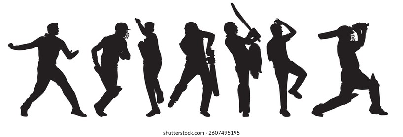 cricket players batting, bowling,  fielding,  catching ball and celebrating after victory silhouettes 