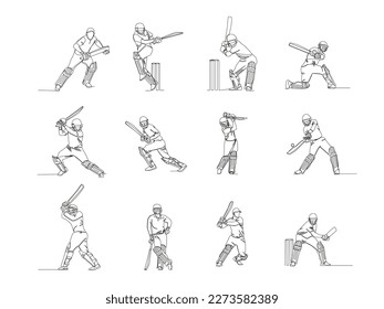 Cricket players continue vector line drawing illustrations