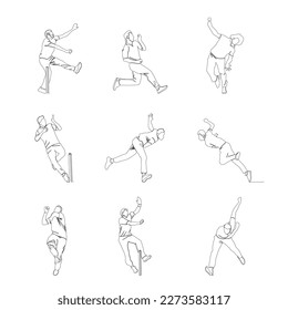 Cricket players continue vector line drawing illustrations, bowlers.