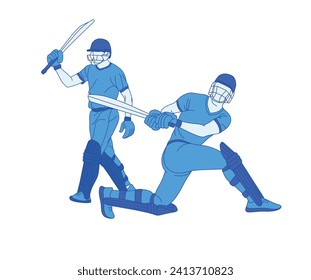 Cricket players design elements. Line drawing style vector illustration.