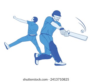 Cricket players design elements. Line drawing style vector illustration.