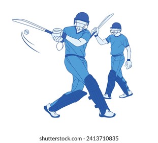 Cricket players design elements. Line drawing style vector illustration.