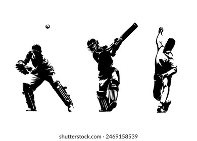 Cricket players, group of batsman, bowler and wicket-keeper in action, isolated vector silhouette, front view