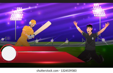 Cricket players in playing action on night stadium view background for cricket tournament poster or banner design.