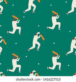 Cricket players playing the game on the stadium. Funky sport cartoon characters seamless pattern in vector. 