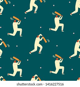 Cricket players playing the game on the stadium. Funky sport cartoon characters seamless pattern in vector. 