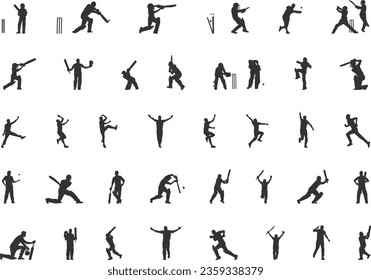 Cricket players silhouette, Cricket silhouette, Cricket player silhouette collection, Cricket player vector set.