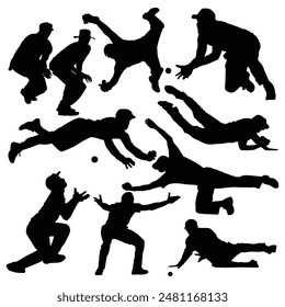 Cricket players Silhouettes Vector set, Indian Player, gloves, cricket ball, guard, test match, World cup, T20. Fielder silhouette playing cricket on the field. fielder catches cricket ball.