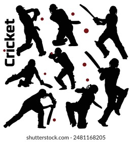 Cricket players Silhouettes Vector set, Indian Player, Bats, gloves, stump, cricket ball, guard, one day, test match, World cup, T20. Batsman silhouette playing cricket on the field. 