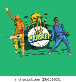 Cricket players are winning moment celebrating with excitement. Sports text design and typography vector illustration on green background.