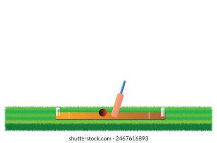 Cricket playing ground with Bat and Ball isolated on white background. Editable vector EPS available