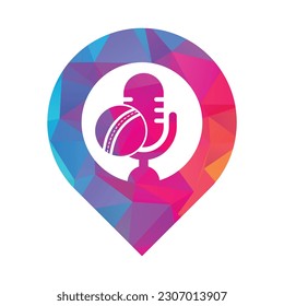 Cricket Podcast gps shape concept logo design template. Microphone and cricket ball logo concept design.