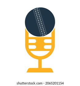 Logo del Cricket Podcast en forma de trofeo. Diseño del logo del micrófono y la bola de cricket.